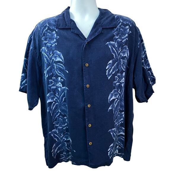 Tommy Bahama Shirt Men's Large Blue Floral 100% Silk Button Hawaiian Logo - Picture 1 of 8